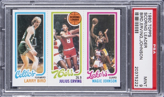 1980-81 Topps Scoring Leaders #34/174/239 Bird/Erving/Johnson Rookie Card - PSA MINT 9